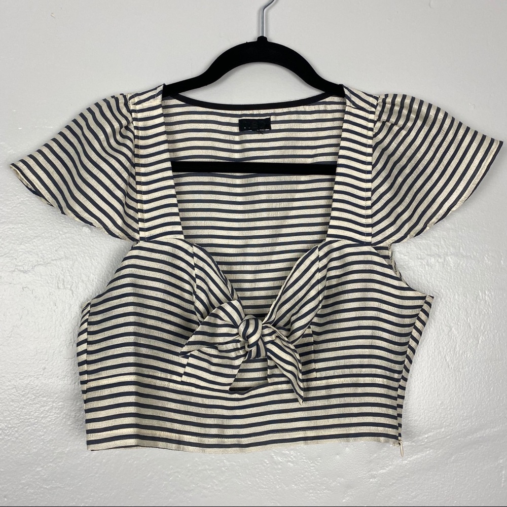 NBD Blue & Off White Striped Bow Tie Crop Top